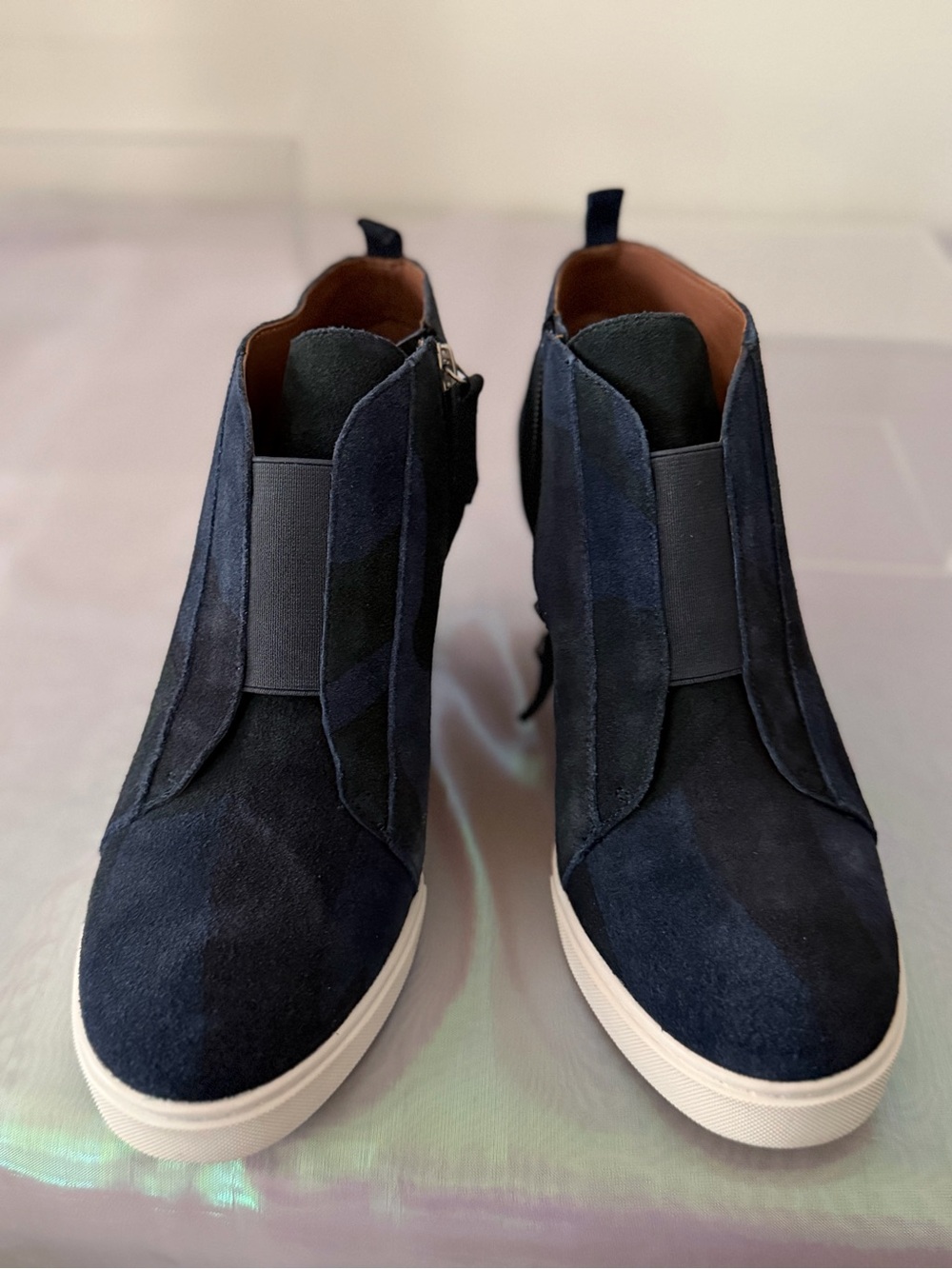 Paolo Navy Suede Slip-On Ankle Booties with White Sole